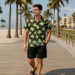 Brooklyn Cloth Palm Tree Print Black Short Sleeve Button Down Shirt Size M